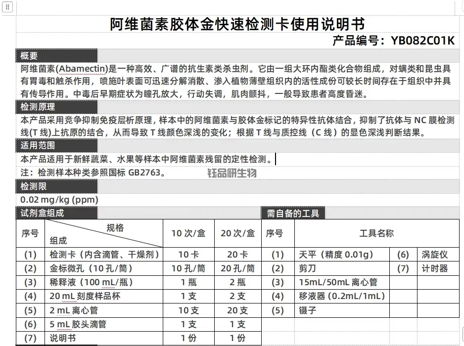 阿维菌素胶体金快速检测卡使用说明书