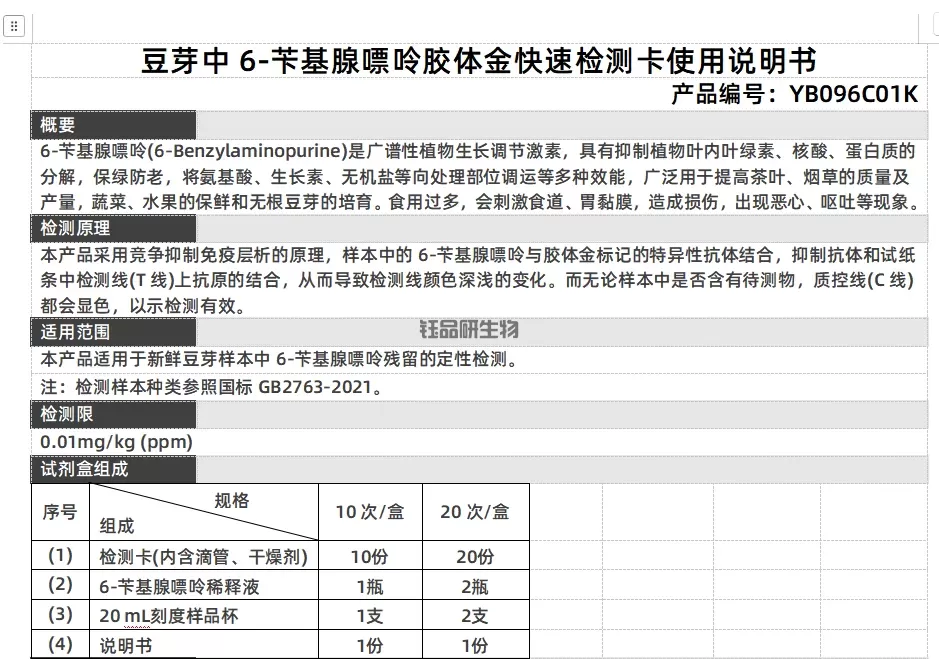 豆芽中6-苄基腺嘌呤胶体金快速检测卡使用说明书
