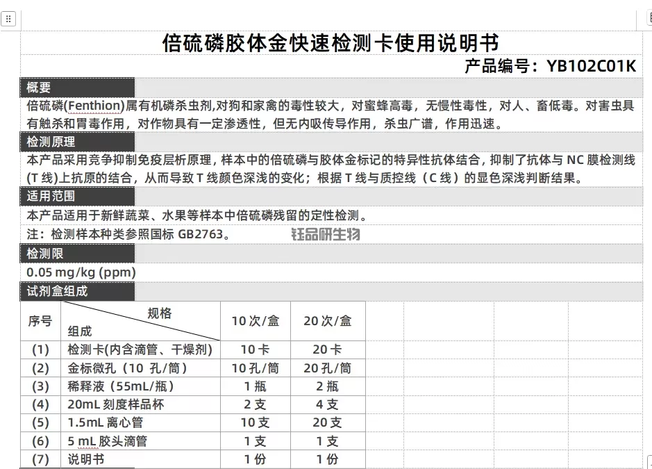 倍硫磷胶体金快速检测卡使用说明书