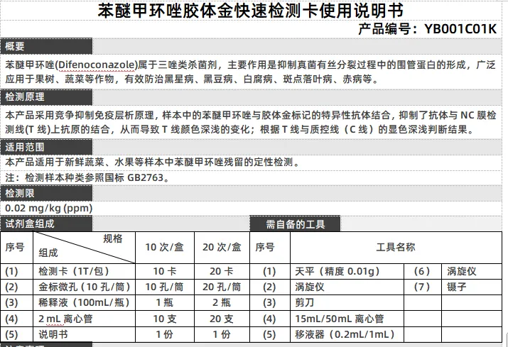 苯醚甲环唑胶体金快速检测卡使用说明书