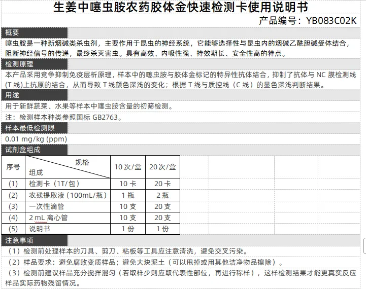 生姜中噻虫胺农药胶体金快速检测卡使用说明书