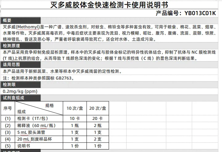 灭多威胶体金快速检测卡使用说明书