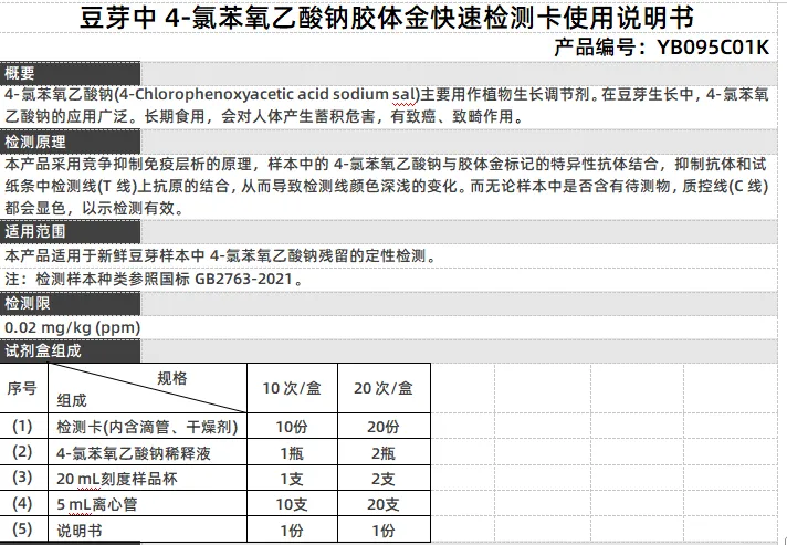 豆芽中4-氯苯氧乙酸钠胶体金快速检测卡使用说明书